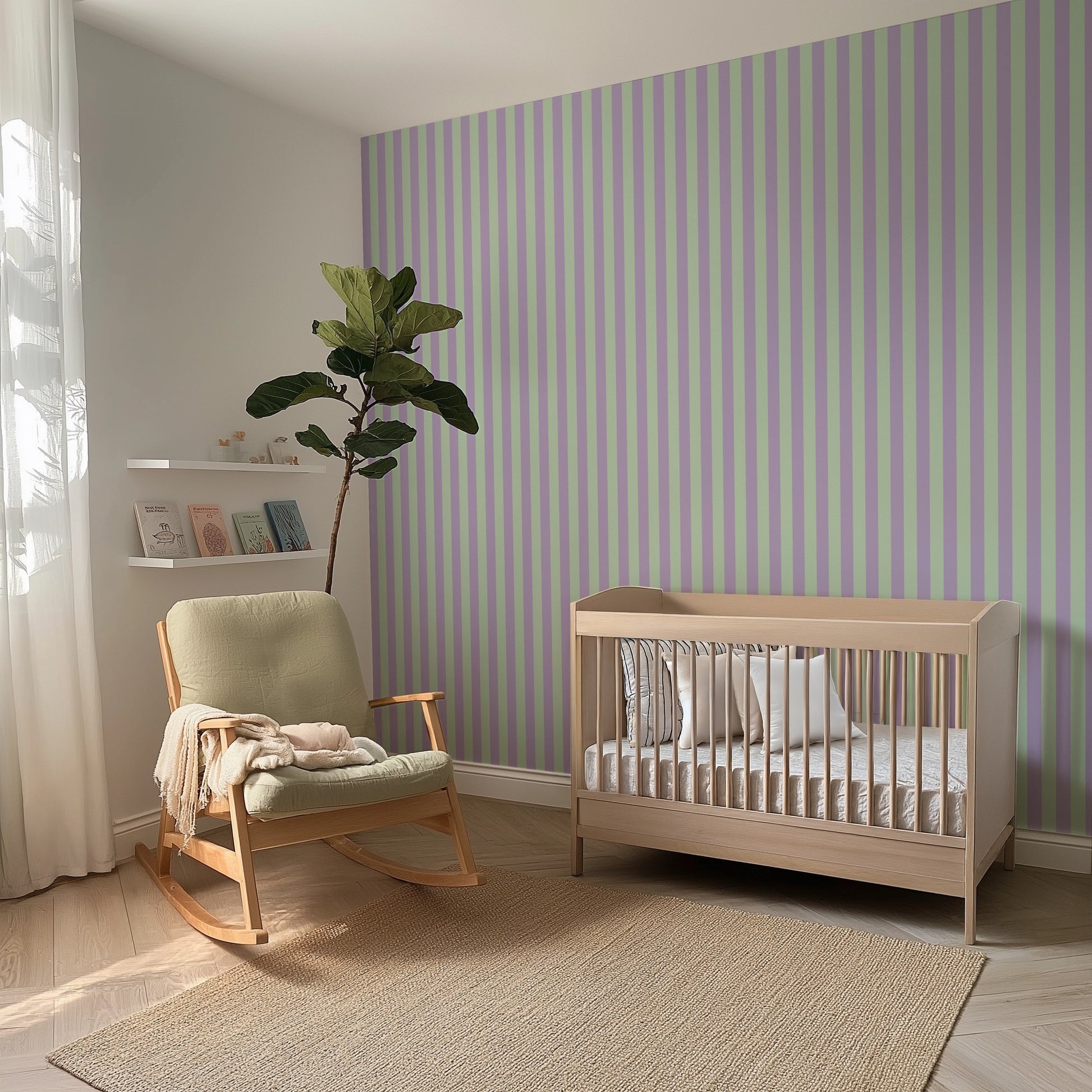Thin Stripe Wallpaper – Lavender Mist & Mint styled in a kids' room and nursery