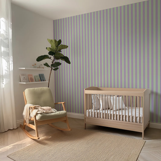 Thin Stripe Wallpaper – Lavender Mist & Mint styled in a kids' room and nursery