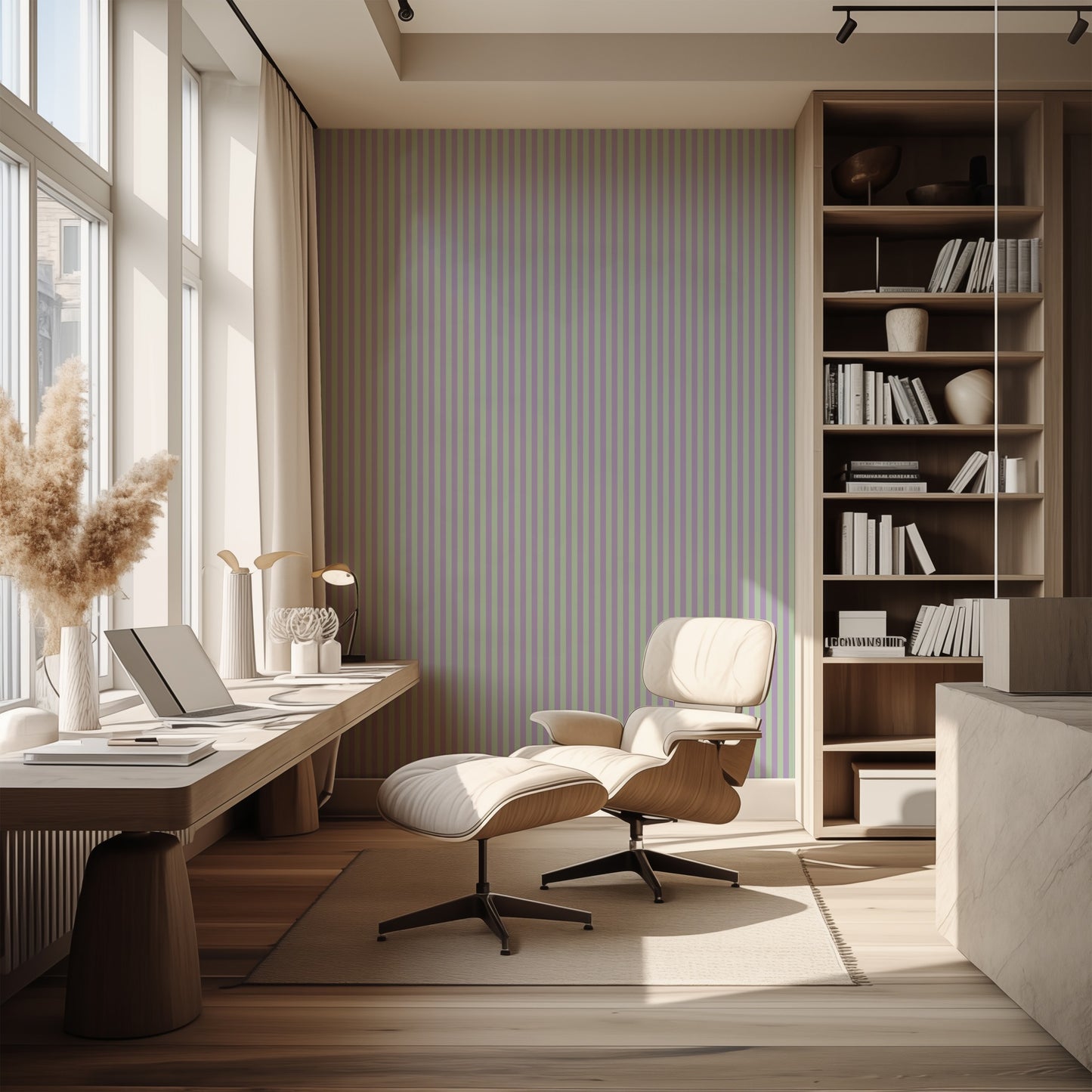 Thin Stripe Wallpaper – Lavender Mist & Mint styled in a hallway and home office