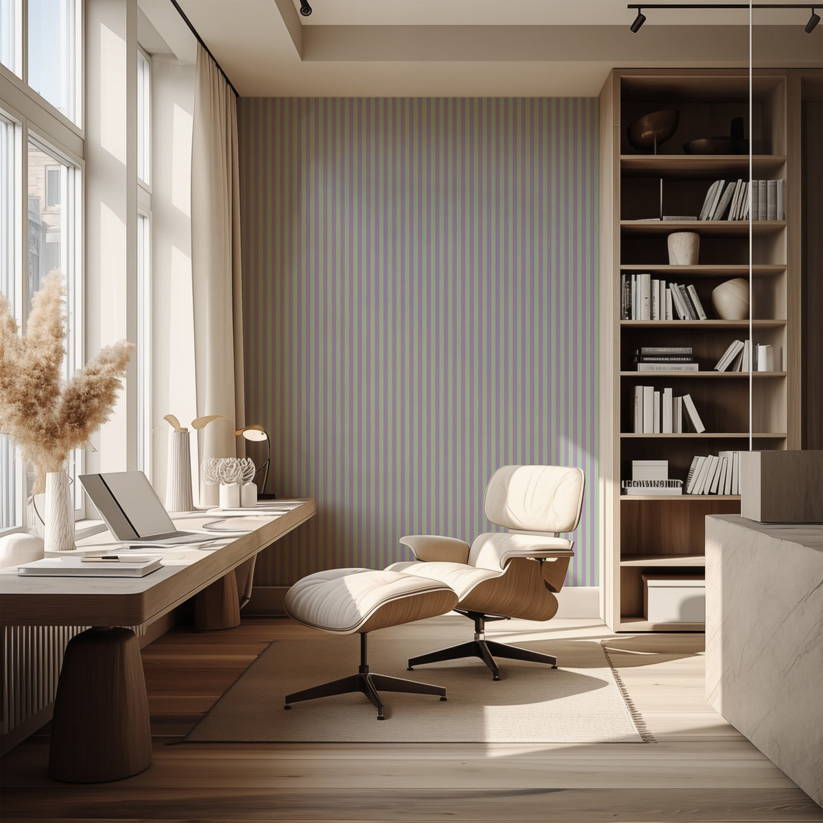 Thin Stripe Wallpaper – Lavender Mist & Mint styled in a hallway and home office