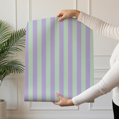 Thin Stripe Wallpaper roll in Lavender Mist & Mint – fine, narrow stripes on a mint ground