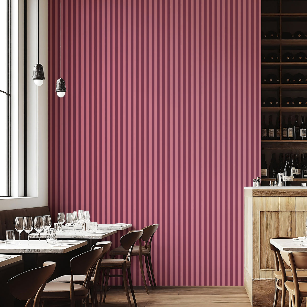 Merlot & Blush – Thin Stripe Wallpaper styled in a boutique hotel and hospitality space