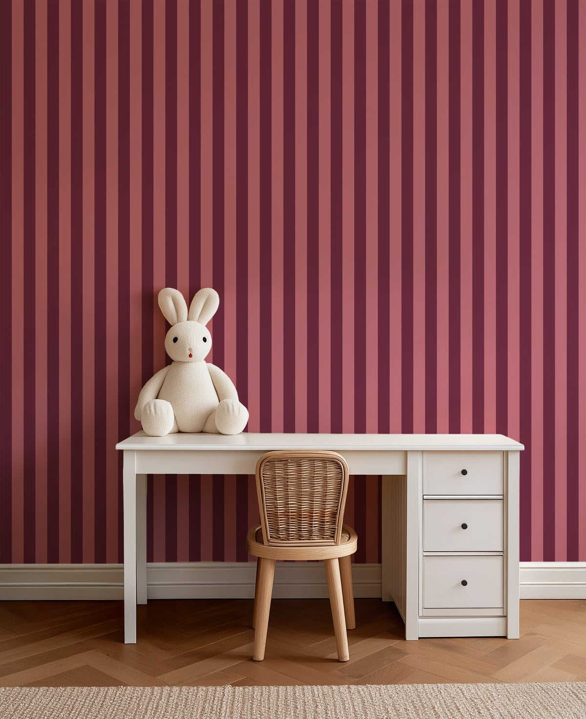 Merlot & Blush – Thin Stripe Wallpaper styled in a kids' room and nursery