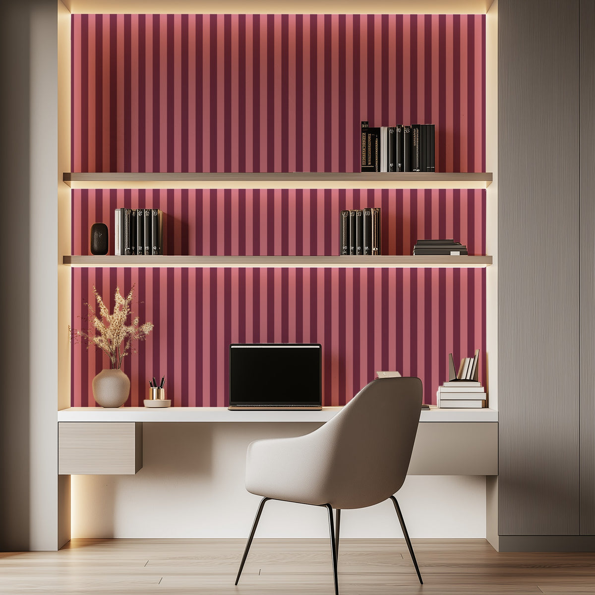 Merlot & Blush – Thin Stripe Wallpaper styled in a hallway and home office