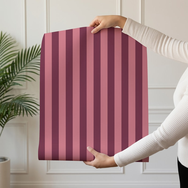 Thin Stripe Wallpaper roll in Merlot & Blush – fine, narrow stripes on a blush ground