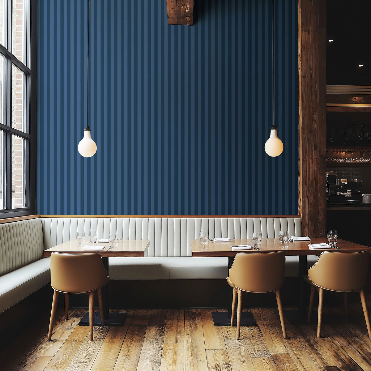 Midnight Navy & Indigo – Thin Stripe Wallpaper styled in a boutique hotel and hospitality space