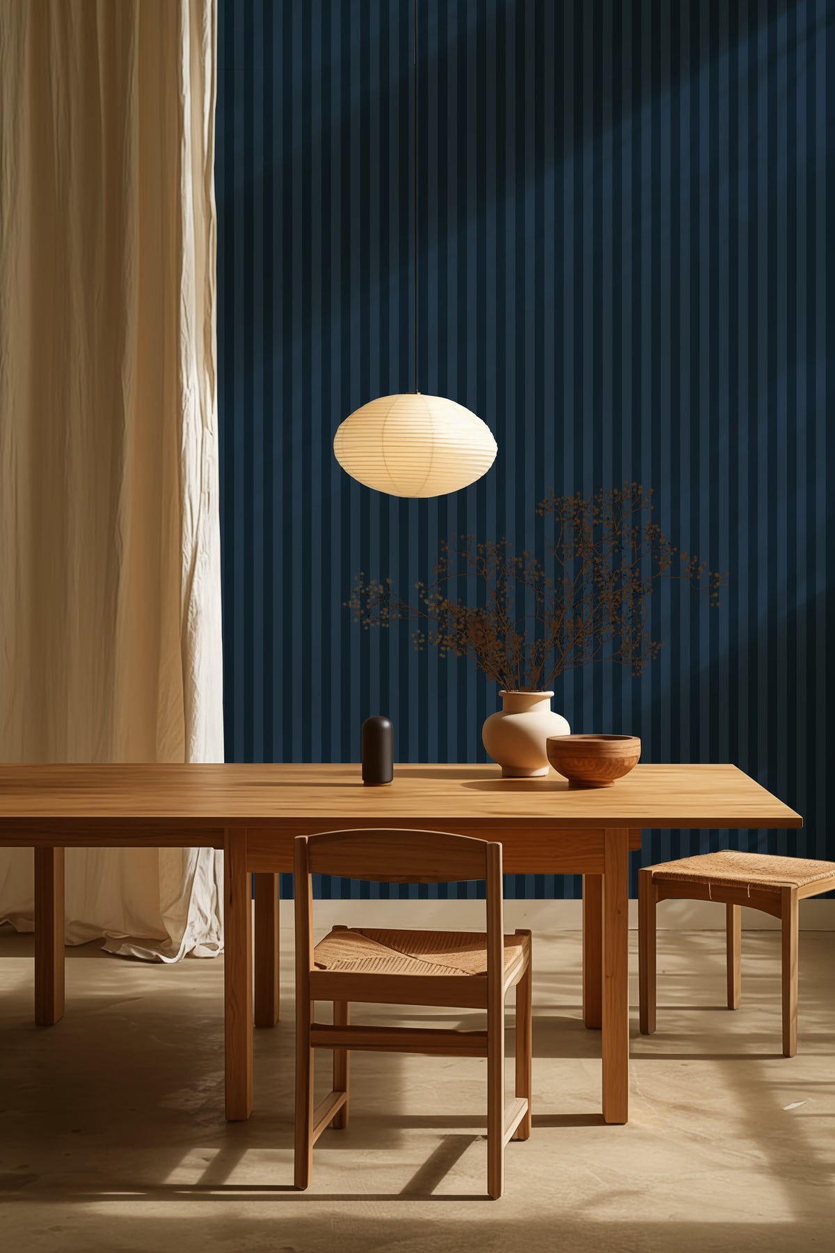 Midnight Navy & Indigo – Thin Stripe Wallpaper styled in a kitchen and dining room