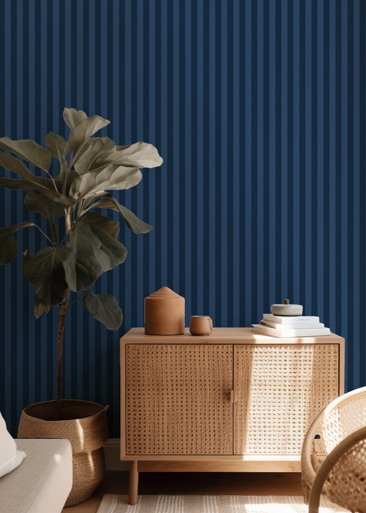 Midnight Navy & Indigo – Thin Stripe Wallpaper styled in a hallway and home office