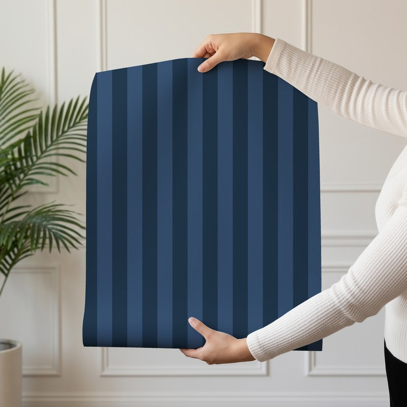 Thin Stripe Wallpaper roll in Midnight Navy & Indigo – fine, narrow stripes on an indigo ground