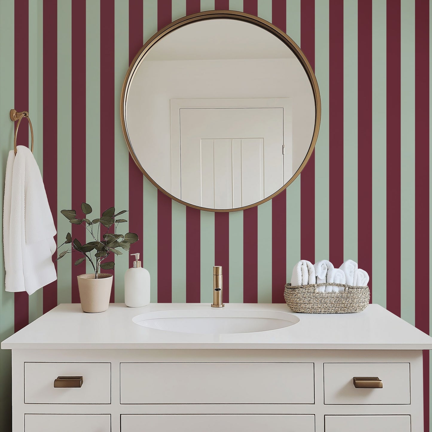 Thin Stripe Wallpaper – Mineral Mint & Oxblood styled in a bathroom and laundry