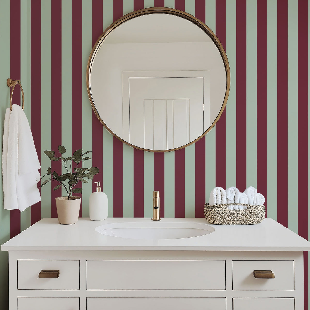 Thin Stripe Wallpaper – Mineral Mint & Oxblood styled in a bathroom and laundry