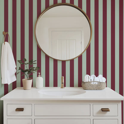 Thin Stripe Wallpaper – Mineral Mint & Oxblood styled in a bathroom and laundry