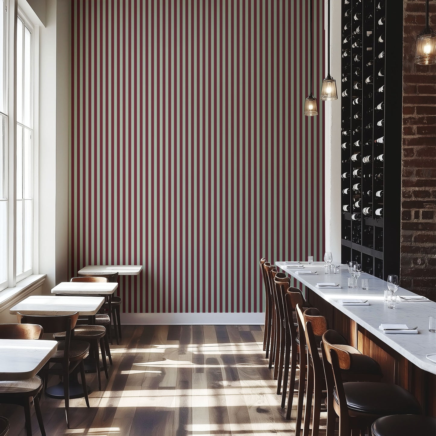 Thin Stripe Wallpaper – Mineral Mint & Oxblood styled in a boutique hotel and hospitality space