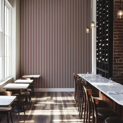 Thin Stripe Wallpaper – Mineral Mint & Oxblood styled in a boutique hotel and hospitality space