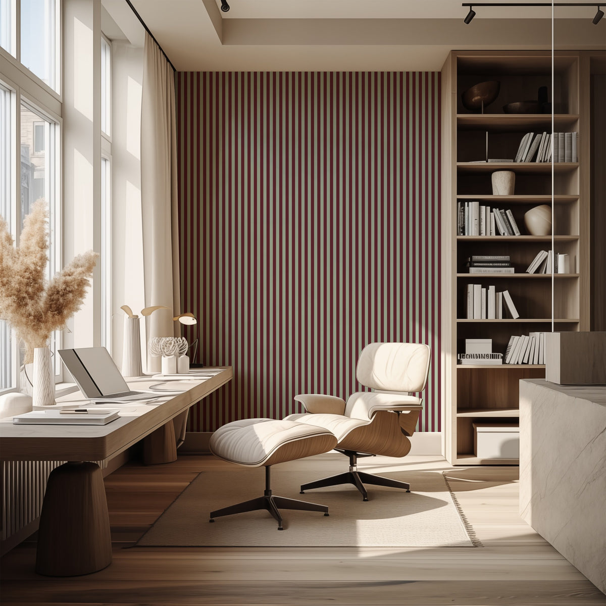 Thin Stripe Wallpaper – Mineral Mint & Oxblood styled in a hallway and home office