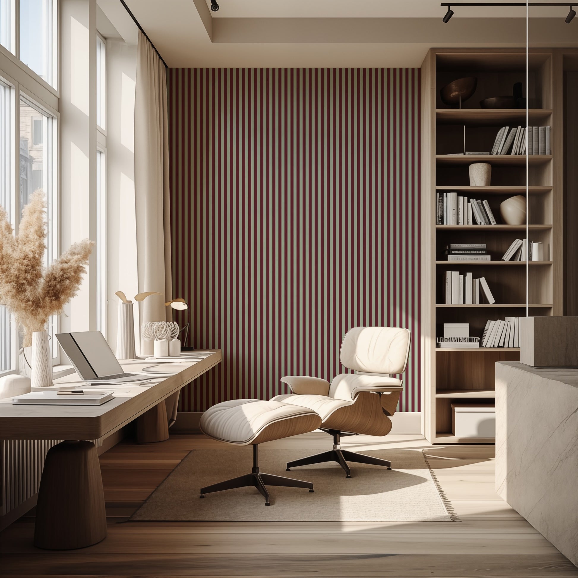 Thin Stripe Wallpaper – Mineral Mint & Oxblood styled in a hallway and home office