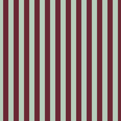 Thin Stripe Wallpaper in Mineral Mint & Oxblood – fine, narrow stripes on an oxblood ground