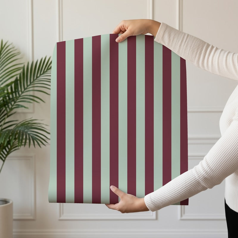Thin Stripe Wallpaper roll in Mineral Mint & Oxblood – fine, narrow stripes on an oxblood ground