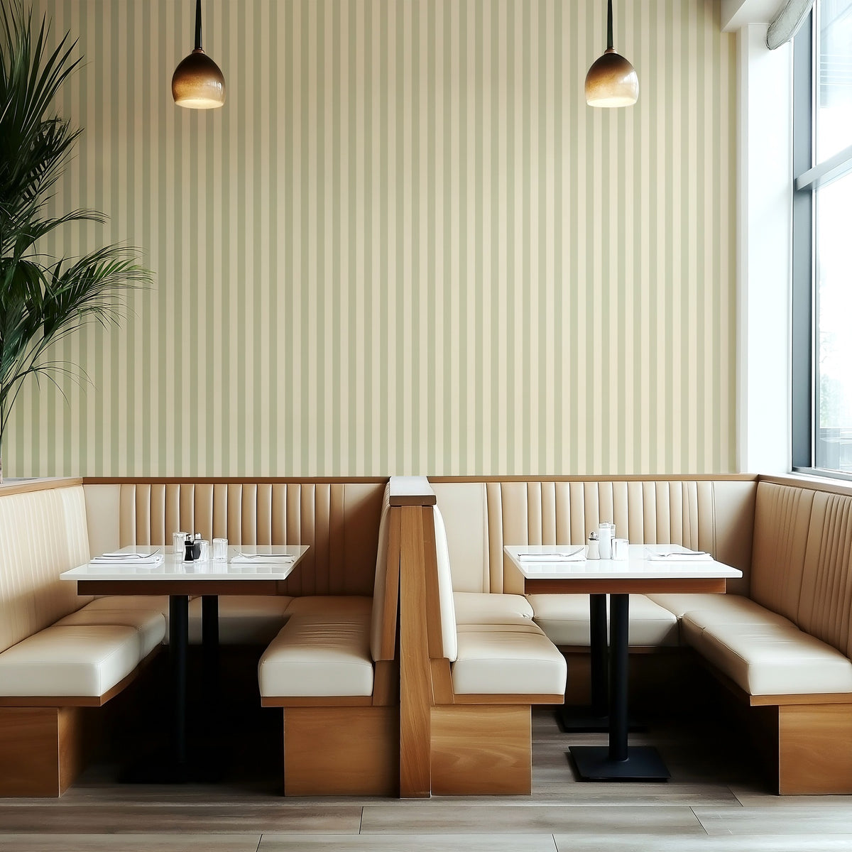 Olive & Warm Sand – Thin Stripe Wallpaper styled in a boutique hotel and hospitality space