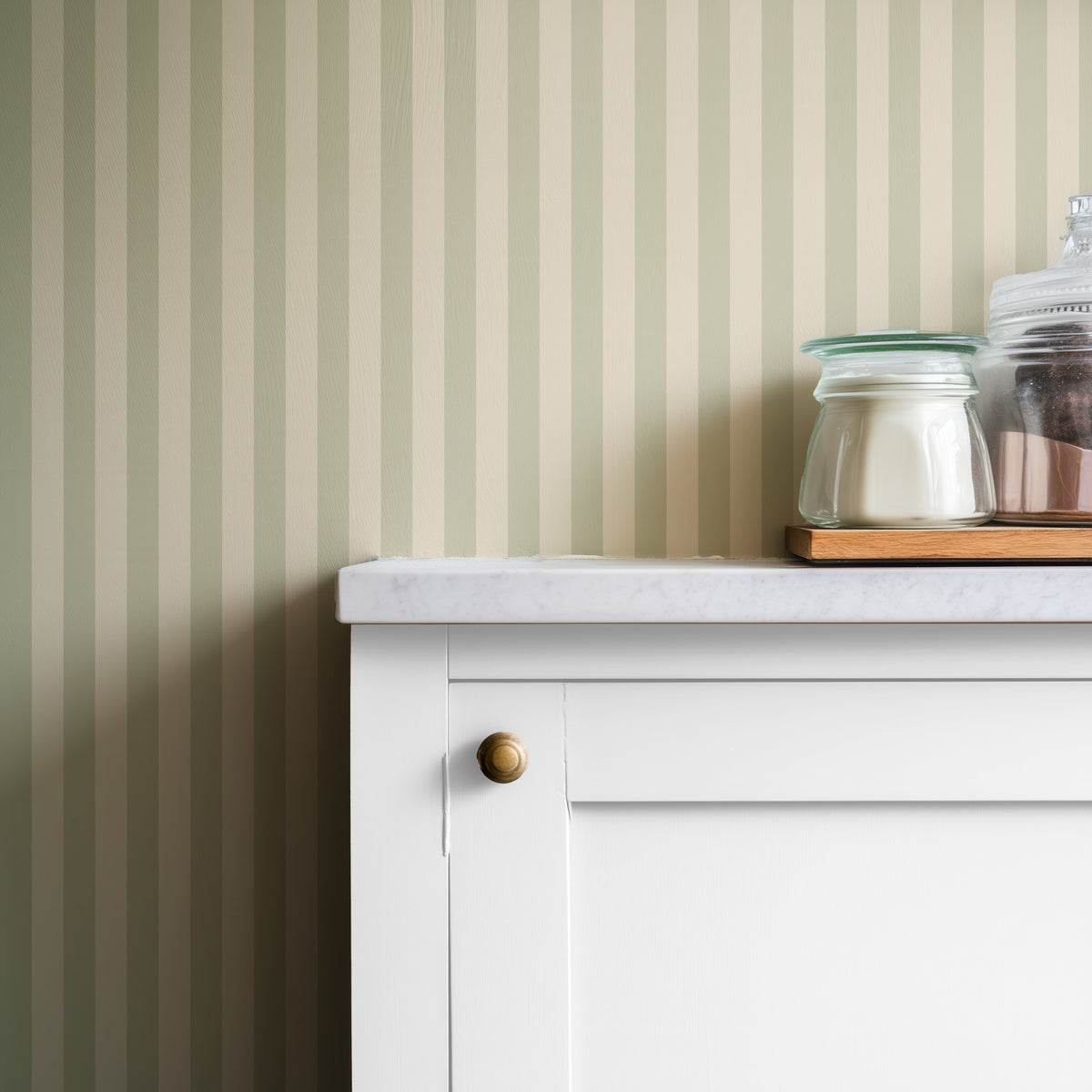 Olive & Warm Sand – Thin Stripe Wallpaper styled in a kitchen and dining room