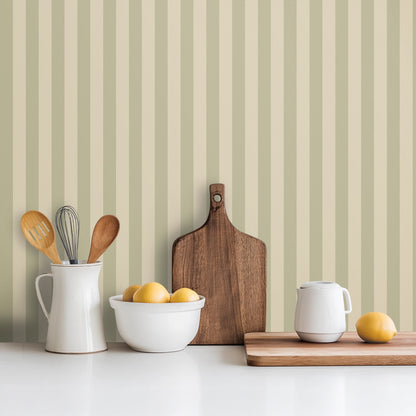 Olive & Warm Sand – Thin Stripe Wallpaper styled in a kitchen and dining room