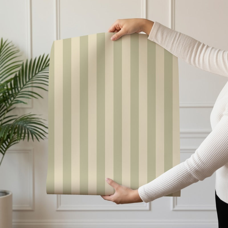 Thin Stripe Wallpaper roll in Olive & Warm Sand – fine, narrow stripes on a warm sand ground