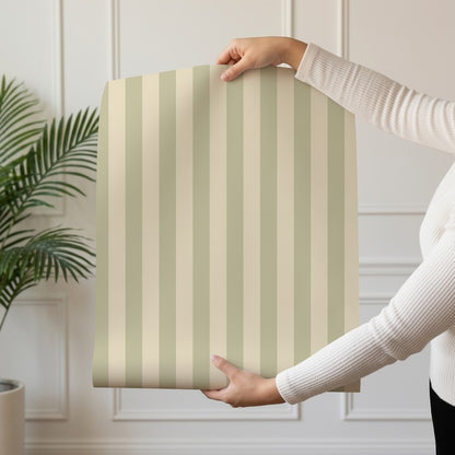 Thin Stripe Wallpaper roll in Olive & Warm Sand – fine, narrow stripes on a warm sand ground