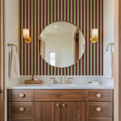 Thin Stripe Wallpaper – Pistachio & Burgundy styled in a bathroom and laundry