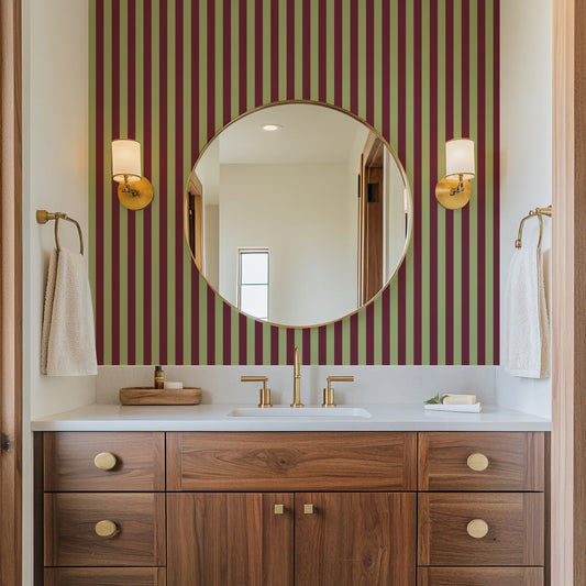 Thin Stripe Wallpaper – Pistachio & Burgundy styled in a bathroom and laundry