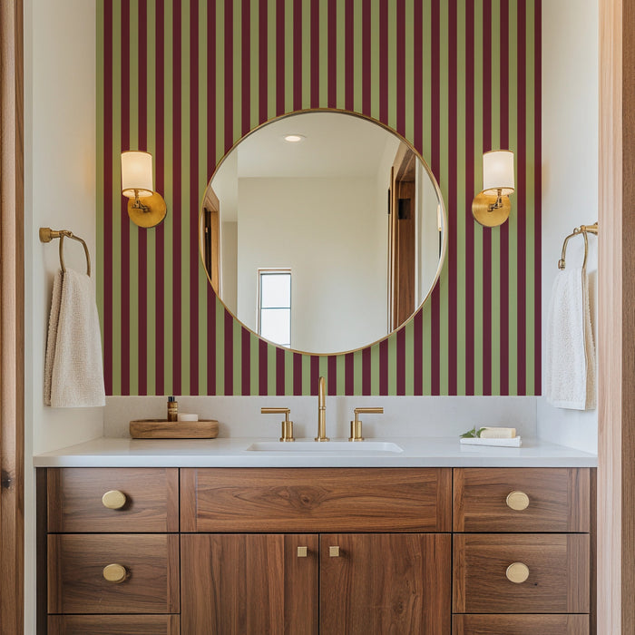 Thin Stripe Wallpaper – Pistachio & Burgundy