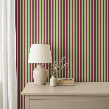 Thin Stripe Wallpaper – Pistachio & Burgundy styled in a bedroom