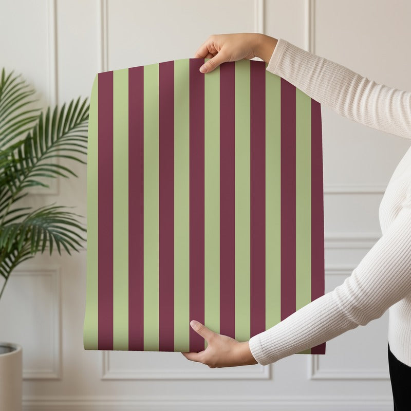 Thin Stripe Wallpaper roll in Pistachio & Burgundy – fine, narrow stripes on a burgundy ground