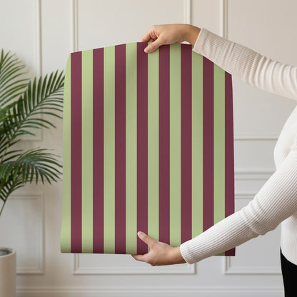 Thin Stripe Wallpaper roll in Pistachio & Burgundy – fine, narrow stripes on a burgundy ground