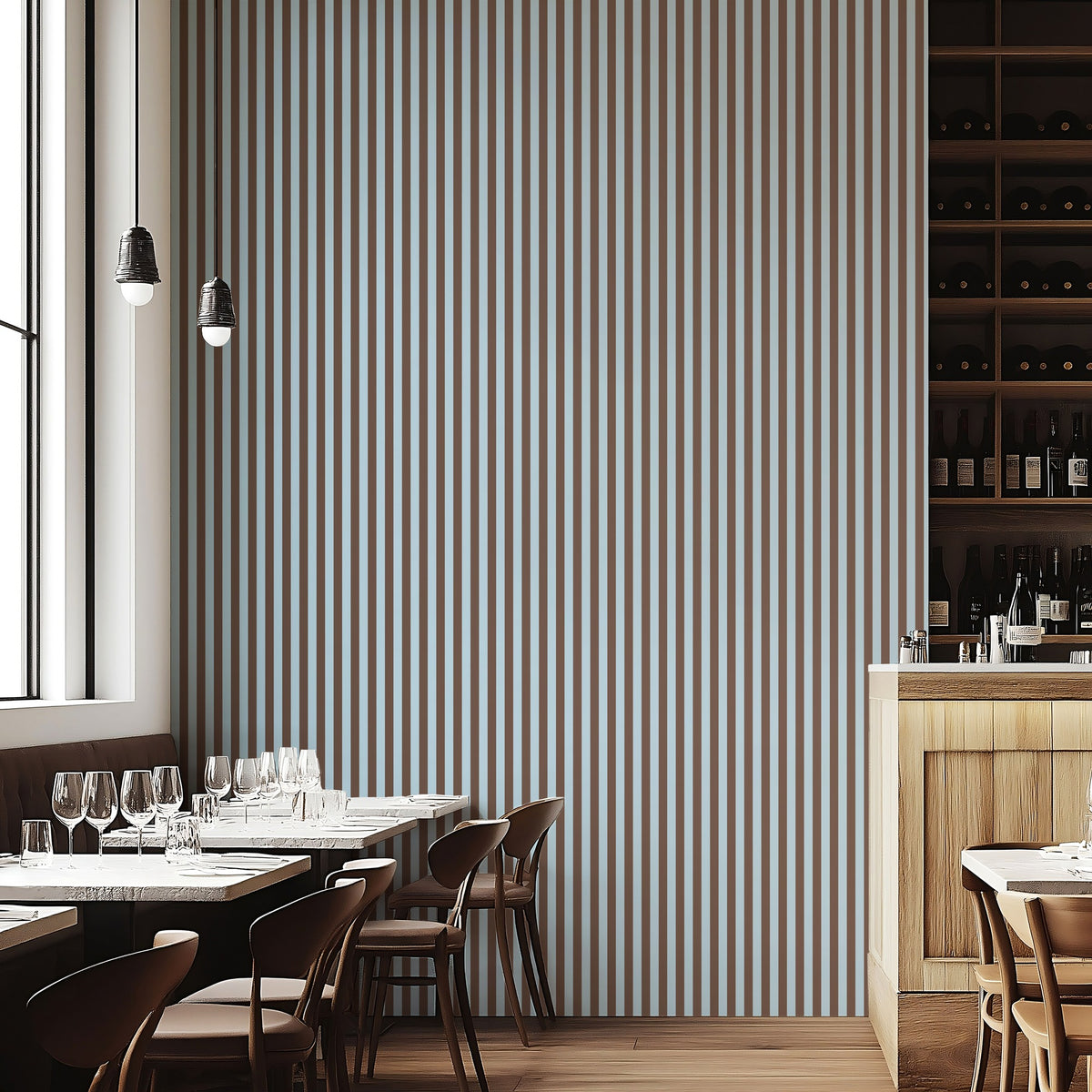 Thin Stripe Wallpaper – Powder Blue & Cocoa styled in a boutique hotel and hospitality space