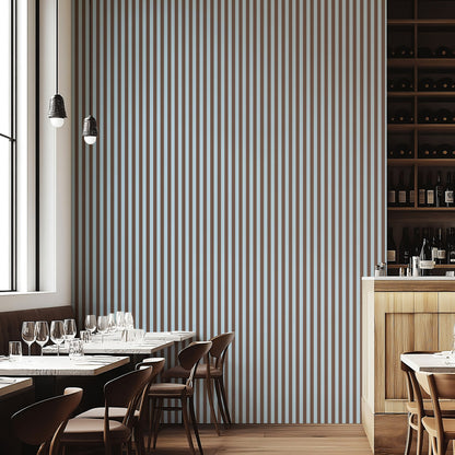 Thin Stripe Wallpaper – Powder Blue & Cocoa styled in a boutique hotel and hospitality space