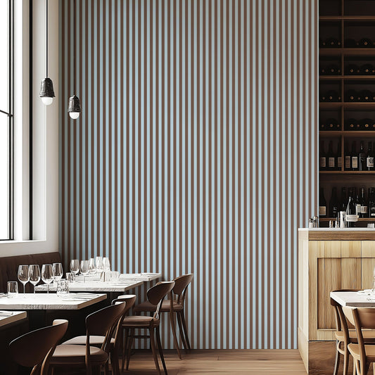 Thin Stripe Wallpaper – Powder Blue & Cocoa styled in a boutique hotel and hospitality space
