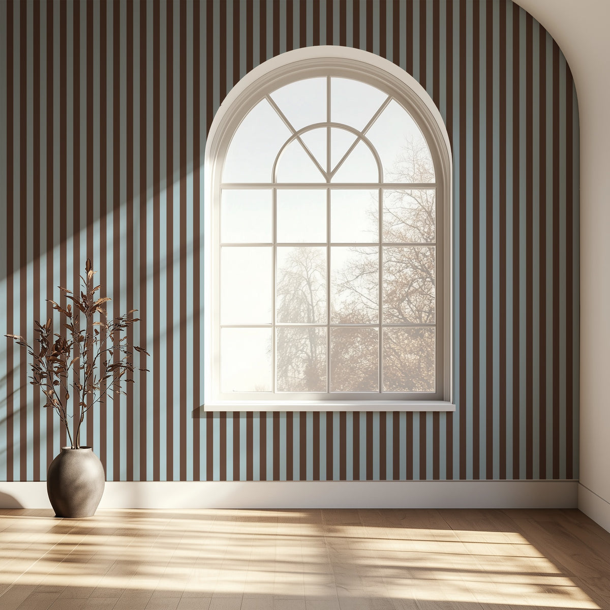 Thin Stripe Wallpaper – Powder Blue & Cocoa styled in a hallway and home office