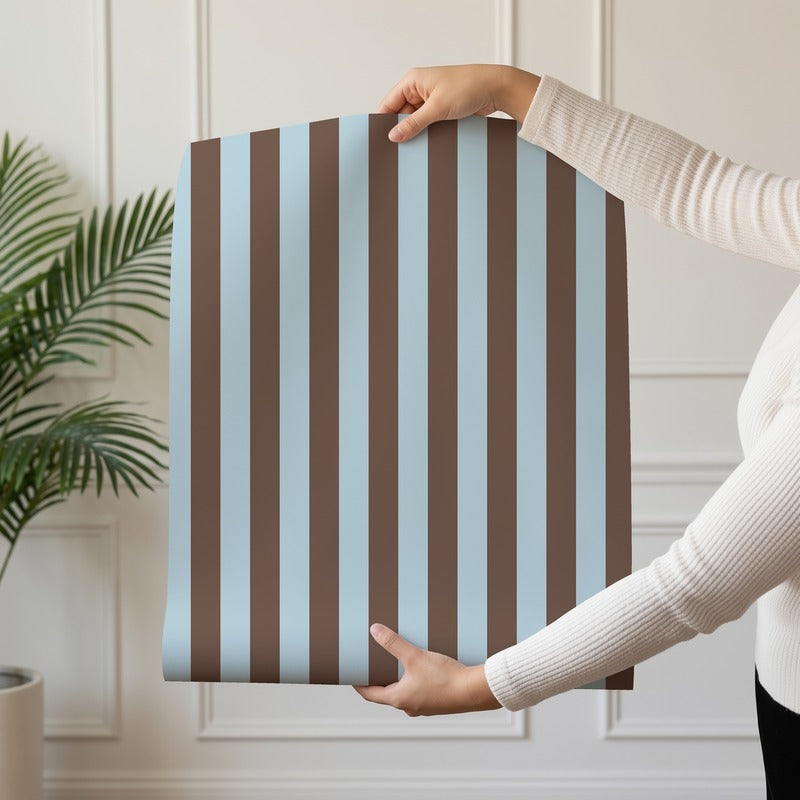 Thin Stripe Wallpaper roll in Powder Blue & Cocoa – fine, narrow stripes on a cocoa ground