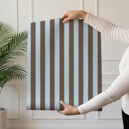 Thin Stripe Wallpaper roll in Powder Blue & Cocoa – fine, narrow stripes on a cocoa ground