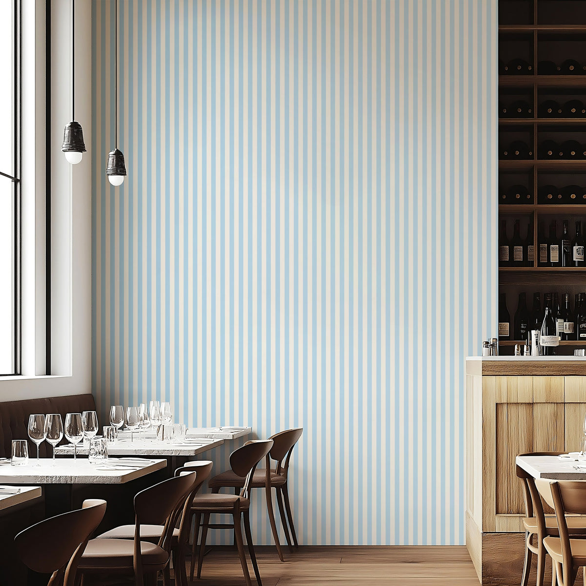 Thin Stripe Wallpaper – Powder Blue & Warm White styled in a boutique hotel and hospitality space