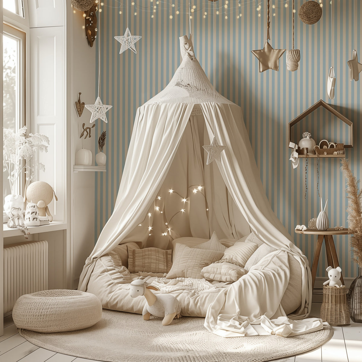 Thin Stripe Wallpaper – Powder Blue & Warm White styled in a kids' room and nursery