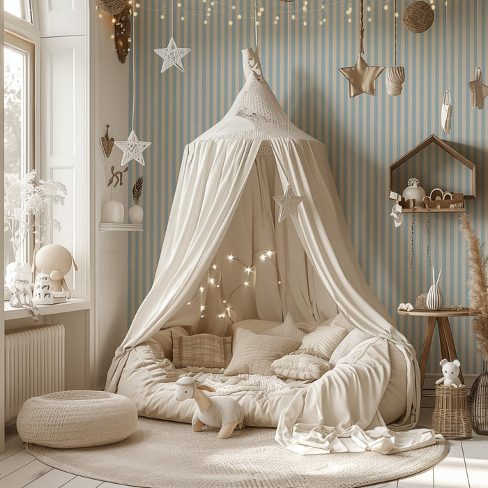 Thin Stripe Wallpaper – Powder Blue & Warm White