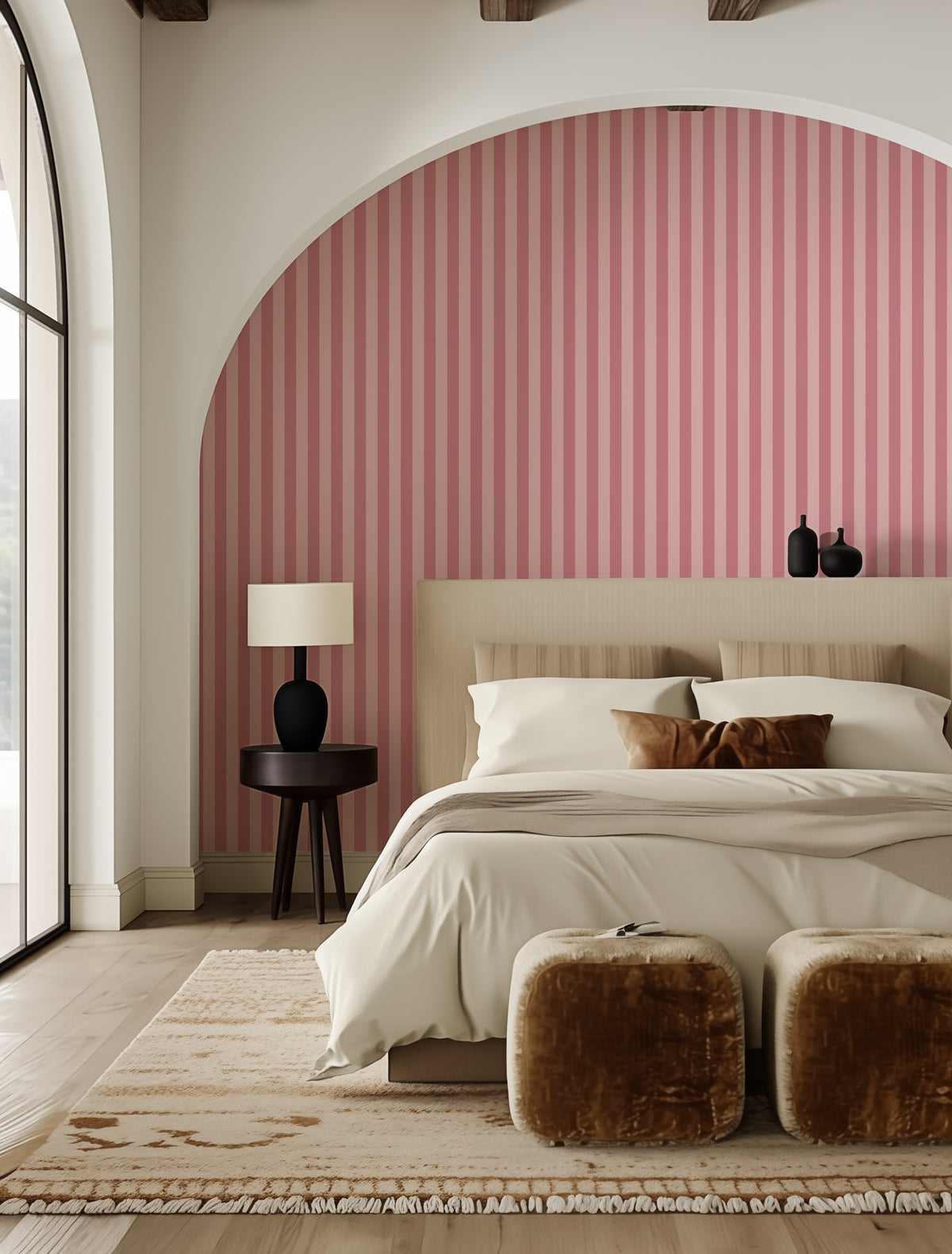 Rose Petal & Soft Blush – Thin Stripe Wallpaper styled in a bedroom