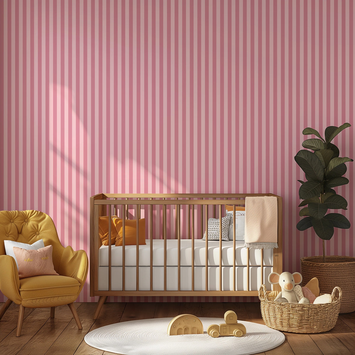 Rose Petal & Soft Blush – Thin Stripe Wallpaper styled in a kids' room and nursery