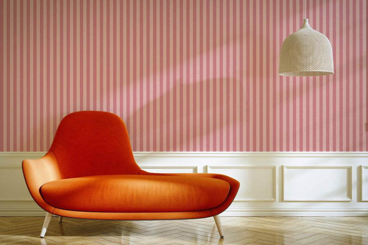 Rose Petal & Soft Blush – Thin Stripe Wallpaper styled in a living room