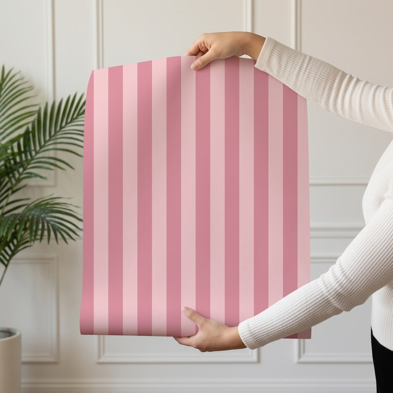 Thin Stripe Wallpaper roll in Rose Petal & Soft Blush – fine, narrow stripes on a soft blush ground
