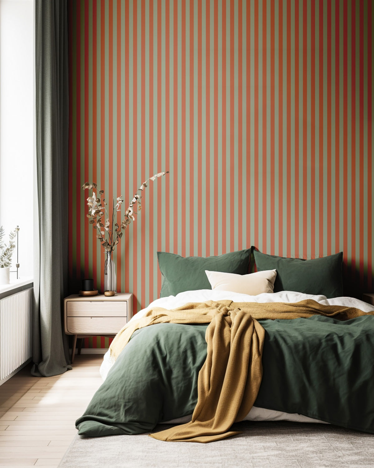 Thin Stripe Wallpaper – Sage & Baked Clay styled in a bedroom