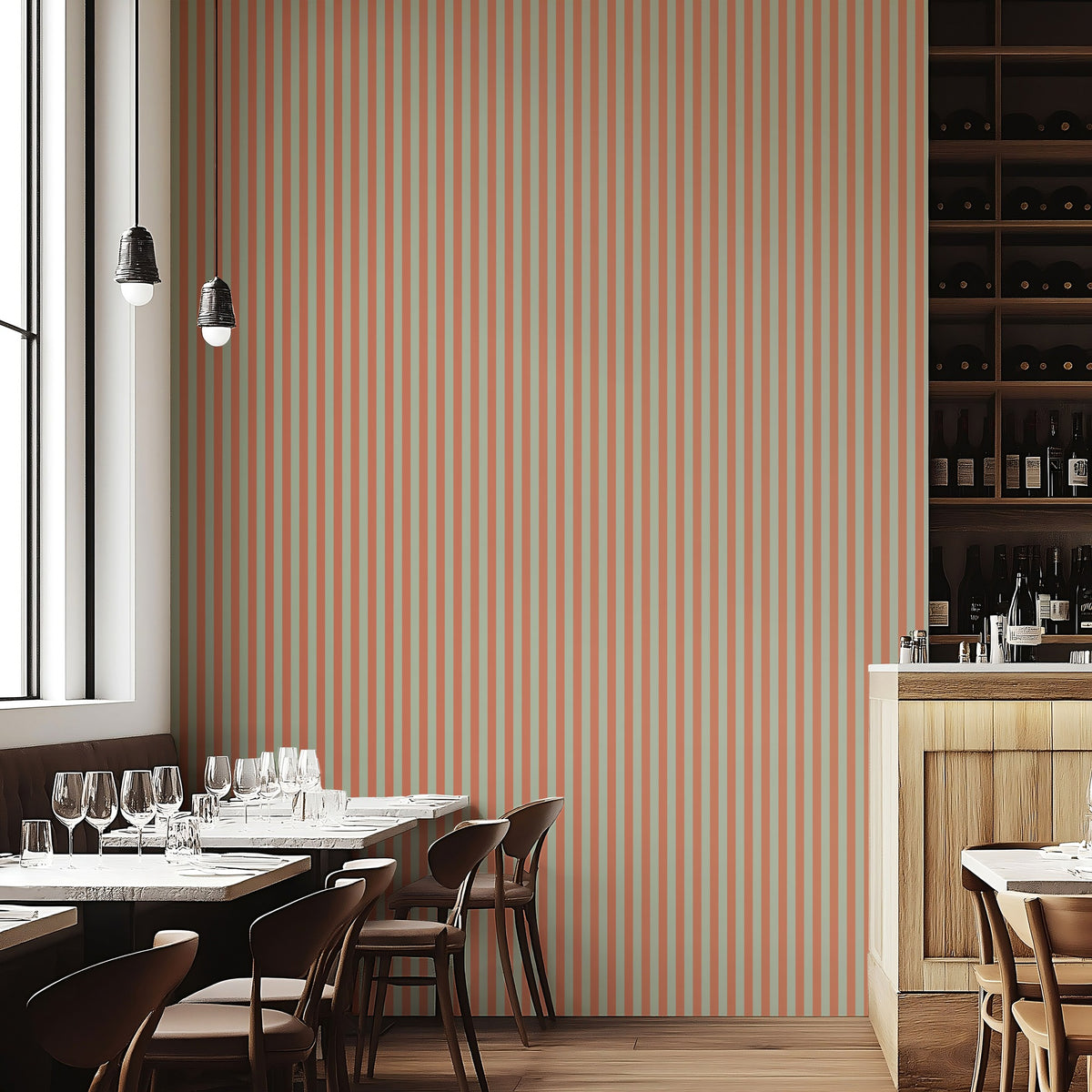 Thin Stripe Wallpaper – Sage & Baked Clay styled in a boutique hotel and hospitality space