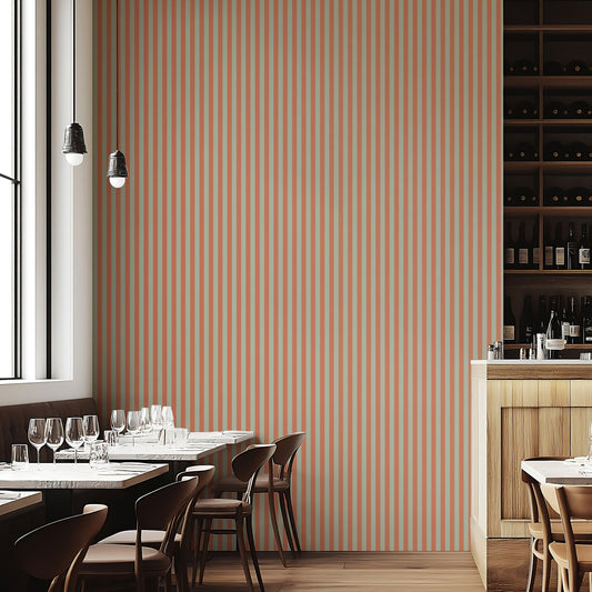 Thin Stripe Wallpaper – Sage & Baked Clay styled in a boutique hotel and hospitality space
