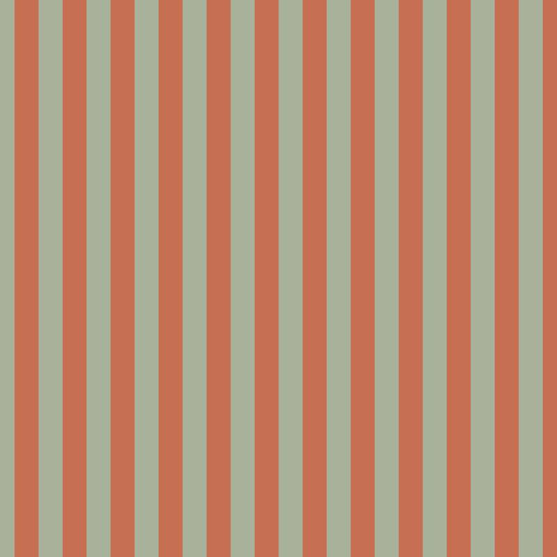 Thin Stripe Wallpaper in Sage & Baked Clay – fine, narrow stripes on a baked clay ground